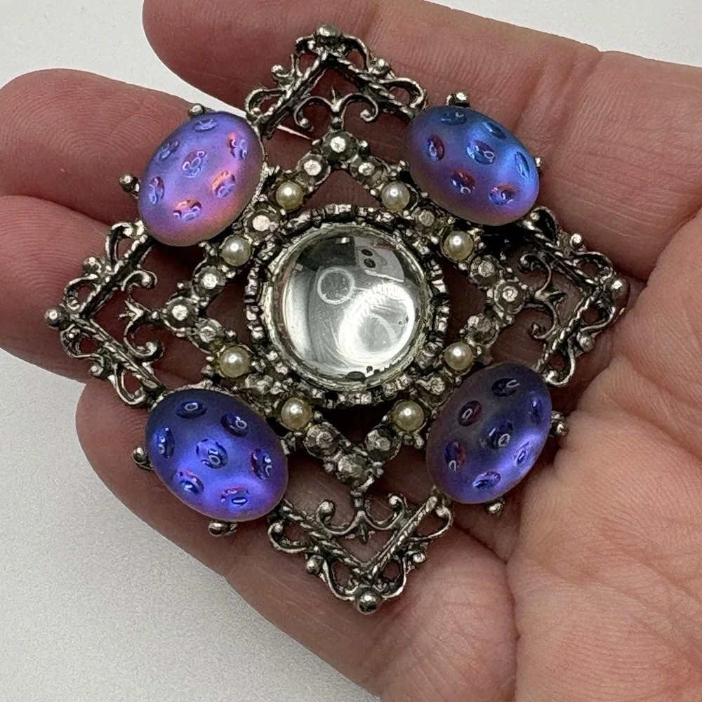 Vintage Molded Moonglow Glass Brooch AB Blue Purple Cabochon Victorian Revival